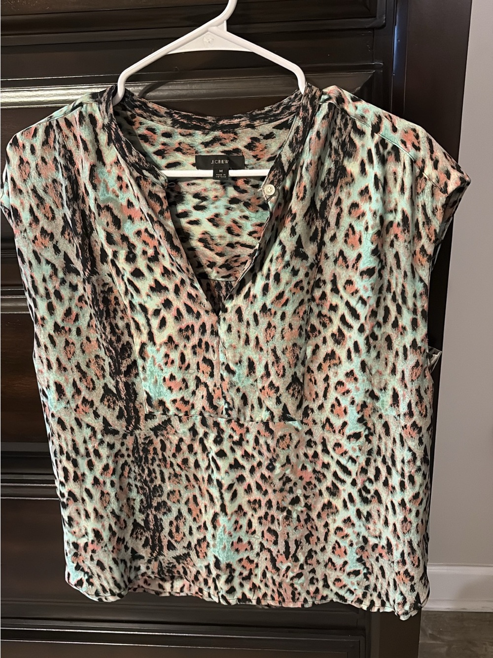 J. Crew Mint and Peach Leopard-Print Cap Sleeve Top